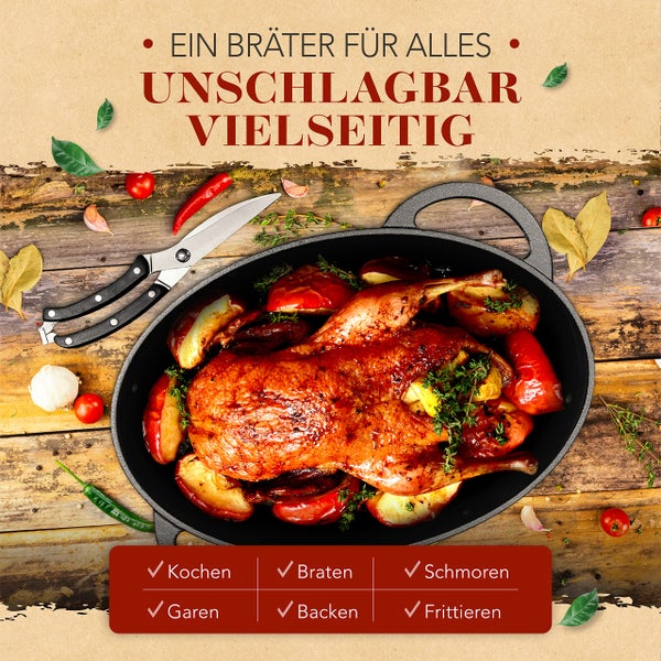 KRUSTENZAUBER 38cm Gusseisen Bräter mit Deckel backofengeeignet inkl. Geflügelschere - 9kg Gänsebräter - Idealer Topf XXL, Schmortopf Bratentopf, Induktion, Gusseisenpfanne