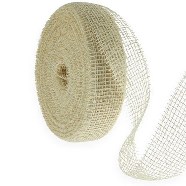 Juteband auf Rolle mit grobmaschiger Struktur für Garten und Dekoration.