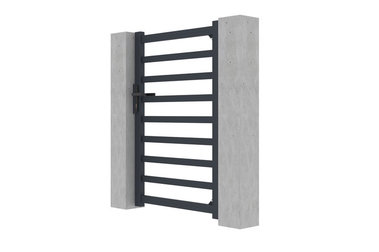Modernes Gartentor aus Metall in Anthrazit mit horizontalen Querlatten zwischen zwei Betonpfeilern.