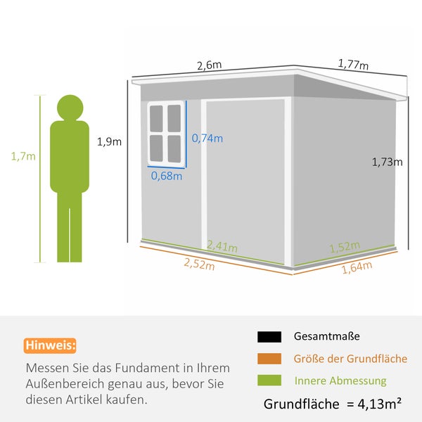 Outsunny Gerätehaus 4,13 m³, Gartenhaus, 260 x 177 x 190 cm, Geräteschuppen mit Fenster, Abschließbar Tür, Fahrradgarage, Gartenschrank aus Stahl, für Hinterhof, Garten, Dunkelgrau