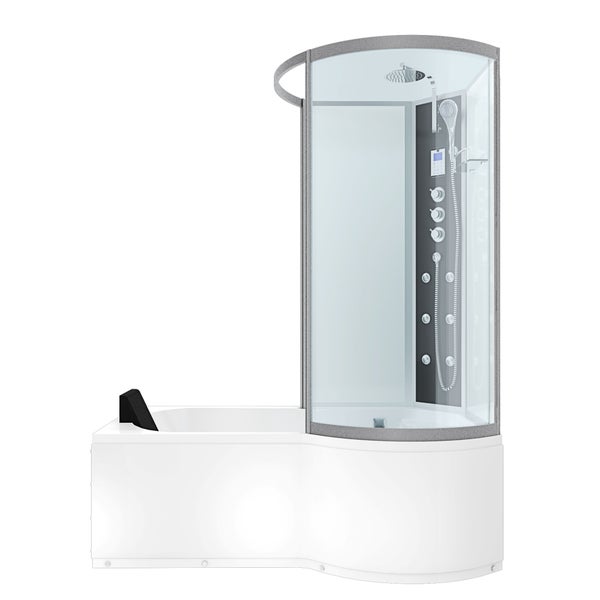 Innenansicht einer Duschkabine mit Regenduschkopf, Handbrause, digitalem Bedienfeld, Glasablage und modernen Glaswänden.