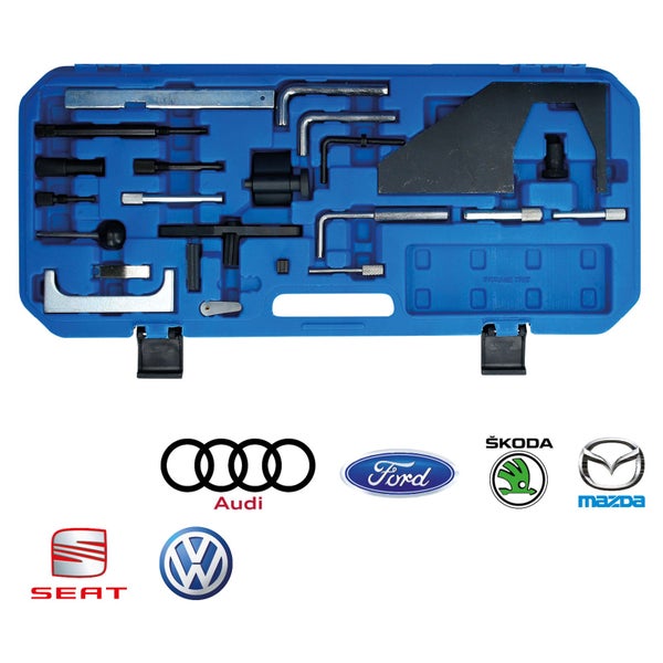 Werkzeugsatz für verschiedene Automarken in blauem Koffer mit Audi Logo, Ford Logo, Skoda Logo, Mazda Logo, Seat Logo und Volkswagen Logo