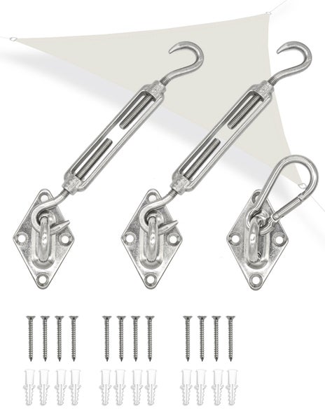 Befestigungsset für Sonnensegel bestehend aus Spannschlössern, Wandösen, Karabinerhaken, Schrauben und Dübeln aus Metall.