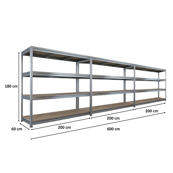 Langes Metallregal mit Holzablagen und Maßangaben
