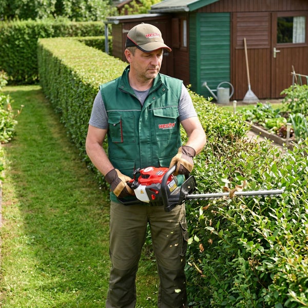 Mann schneidet Hecke mit Heckenschere im Garten