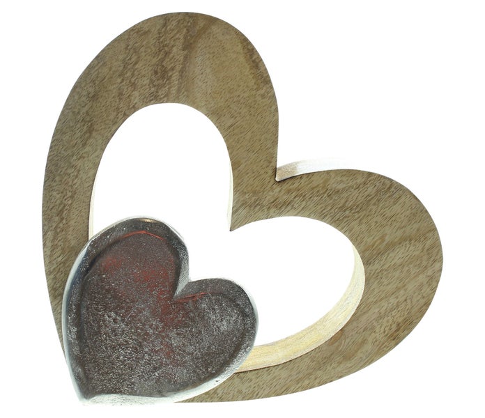 FRANK FLECHTWAREN | Holzdeko Herz, HOLZ, ALUMINIUM, 24 x 4,5 x 25 cm