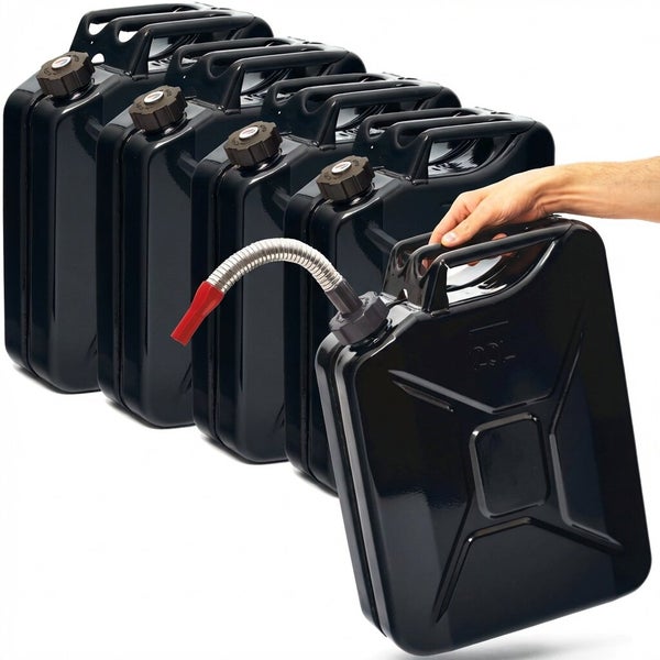 Mehrere schwarze Kraftstoffkanister, einer mit flexiblem Ausgießer, der von einer Hand gehalten wird.