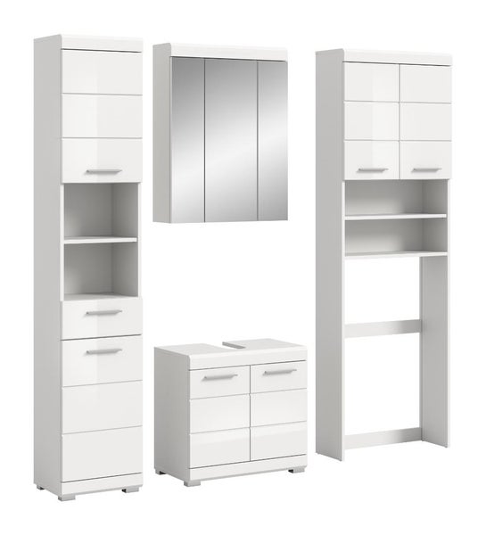 Badmöbel-Set in Weiß bestehend aus Hochschrank, Spiegelschrank, Waschbeckenunterschrank und einem Regal.
