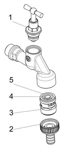 Explosionszeichnung eines Außenwasserhahns mit nummerierten Einzelteilen von eins bis fünf.