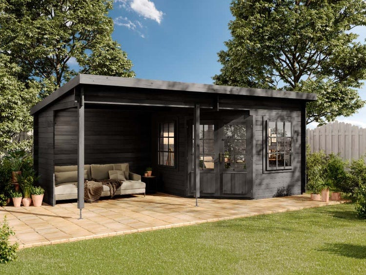 Alpholz Gartenhaus Carl-28 Gartenhaus aus Holz in Grau, Holzhaus mit 28 mm Wandstärke inklusive Terrasse Blockbohlenhaus imprägniert 6,2x3,3m