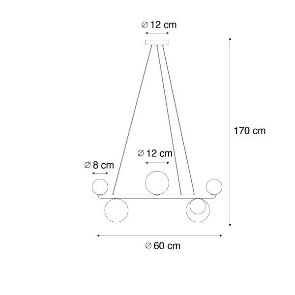 Technische Zeichnung einer Pendelleuchte mit den Maßen: Durchmesser 8 cm, Durchmesser 12 cm, Durchmesser 12 cm, 60 cm Durchmesser und 170 cm Höhe.