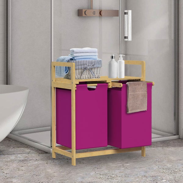 ML-Design Wäschekorb aus Bambus, Magenta, Wäschebox mit 2 Fächern, Wäschesammler mit 2 ausziehbaren Wäschesäcken 60 L, Wäschetruhe mit Ablage, Wäschesortierer für Badezimmer, Wäschetonne mit Regal