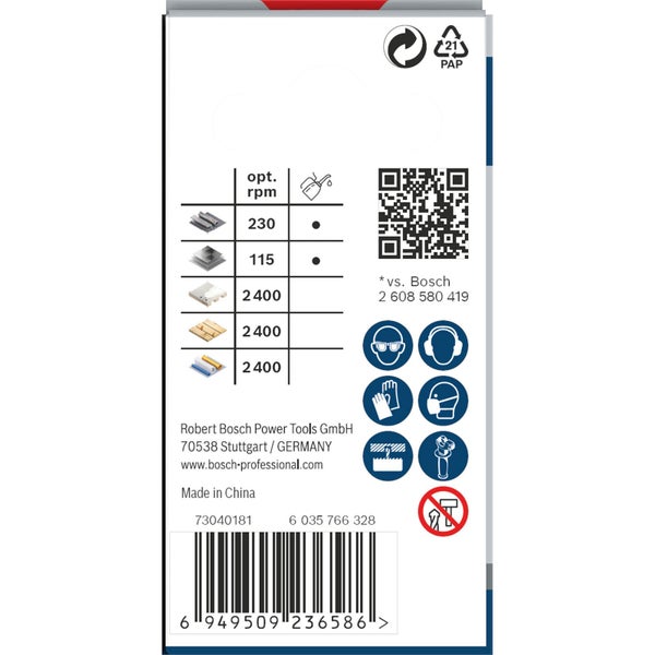 Verpackungsinformationen zu Bosch Elektrowerkzeugen wie optimale Drehzahl, Materialhinweise und Sicherheitsvorkehrungen.