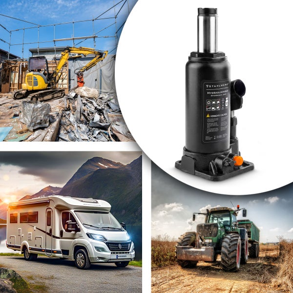 Hydraulischer Stempelwagenheber für schwere Lasten, Anwendungsbeispiele auf Baustelle, am Wohnmobil und beim Traktor.