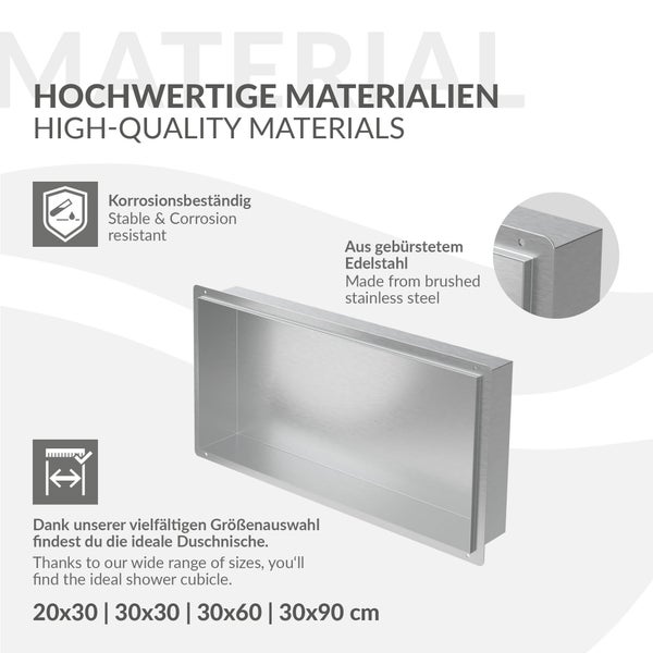 LuxeBath Wandnische aus Edelstahl, 60x30x10 cm, Silber, Duschnische, Randlos, Einbauregal, Flexibler Einbau, Befliesbare Nische für Badutensilien, Duschablage, Einzelregal, Lagerung für Badezimmer