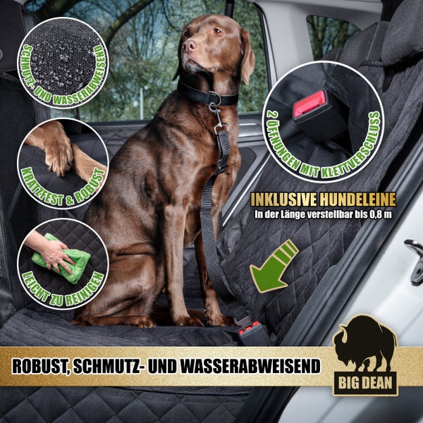 Hund auf einer schmutz- und wasserabweisenden Autositzdecke mit Hunde Leine