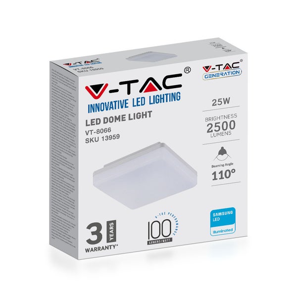 Verpackung einer V-TAC LED Deckenleuchte mit 25 Watt, 2500 Lumen und 3 Jahren Garantie