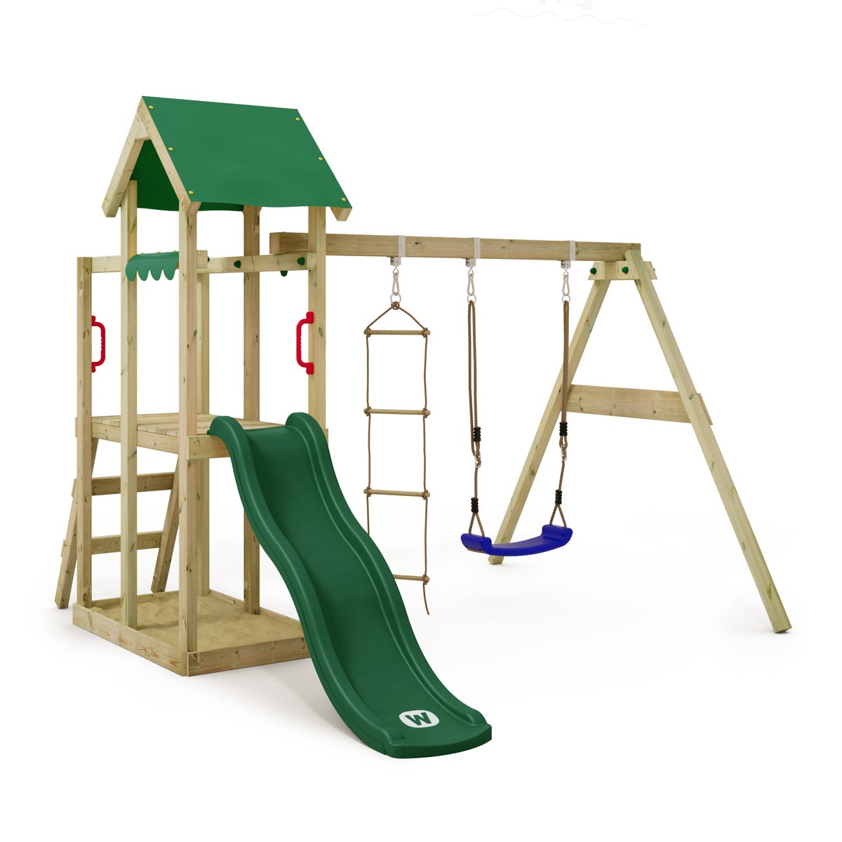 WICKEY Spielturm Klettergerüst TinyPlace mit Schaukel und Rutsche, Kletterturm mit Sandkasten, Leiter und Spiel-Zubehör - grün