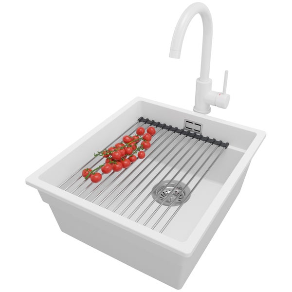 PRIMAGRAN Unterbauspüle Granit Weiß 41x47cm, Spülbecken 1 Becken + Küchenarmatur 32x20cm + Ablauf-Set + Aufrollbare Abtropffläche, Granitspüle ab 45er Unterschrank - Praga