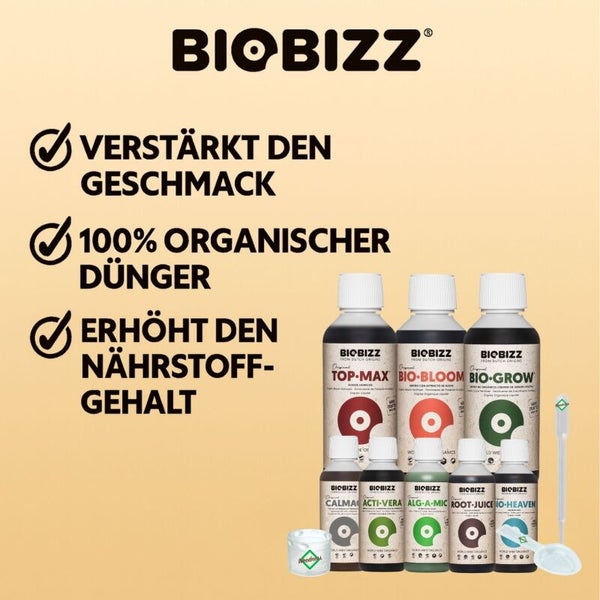 Biobizz Logo, 100 Prozent organischer Dünger wie Top-Max, Bio-Bloom und Bio-Grow mit Messzubehör. Verbessert Geschmack und Nährstoffgehalt.