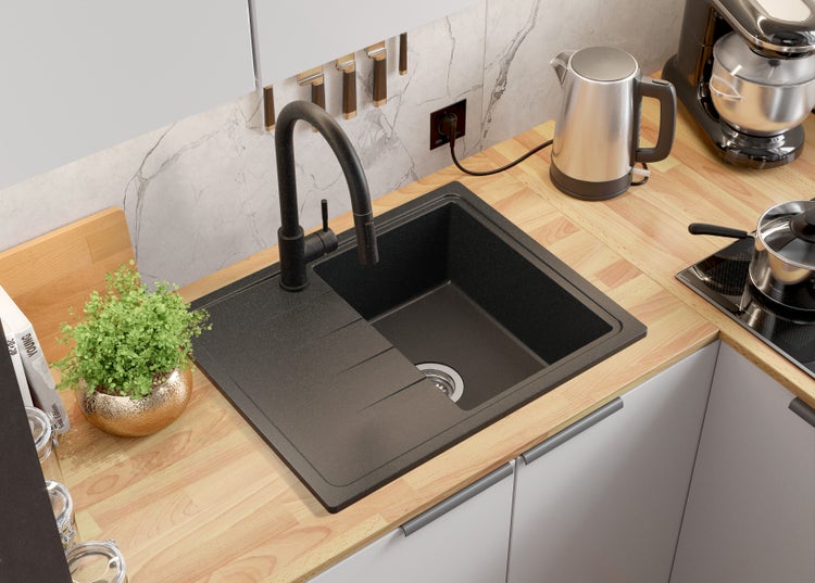 PRIMAGRAN Granitspüle Anthrazit 62x50cm, Spülbecken 1 Becken + Küchenarmatur 40x20cm + Ablauf-Set, Küchenspüle ab 40er Unterschrank - Mailand