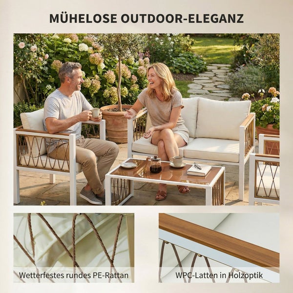 Garten-Lounge-Set aus weißem Metall mit wetterfestem PE-Rattan und WPC-Armlehnen in Holzoptik, inklusive Sofa, Sessel und Couchtisch.