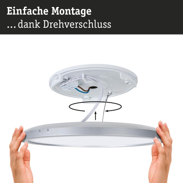 Einfache Montage einer runden LED-Deckenleuchte durch einen Drehverschluss.