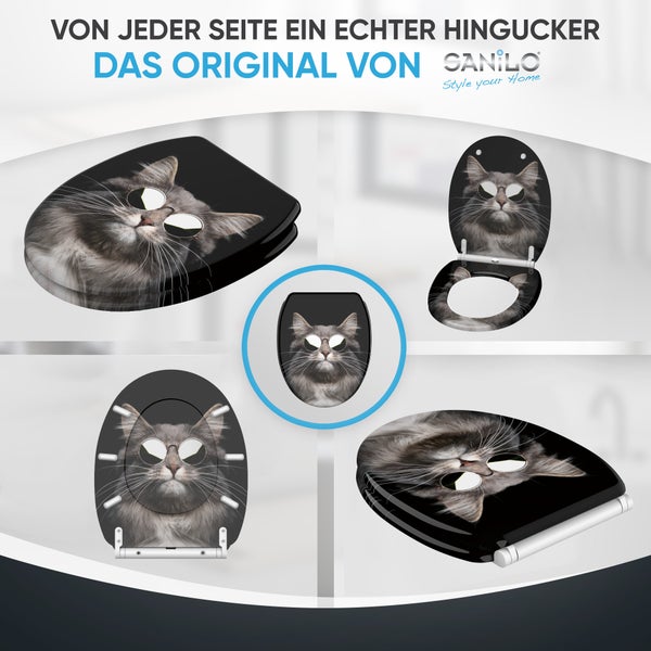 Verschiedene Ansichten eines WC-Sitzes mit Katzenmotiv und Sonnenbrille