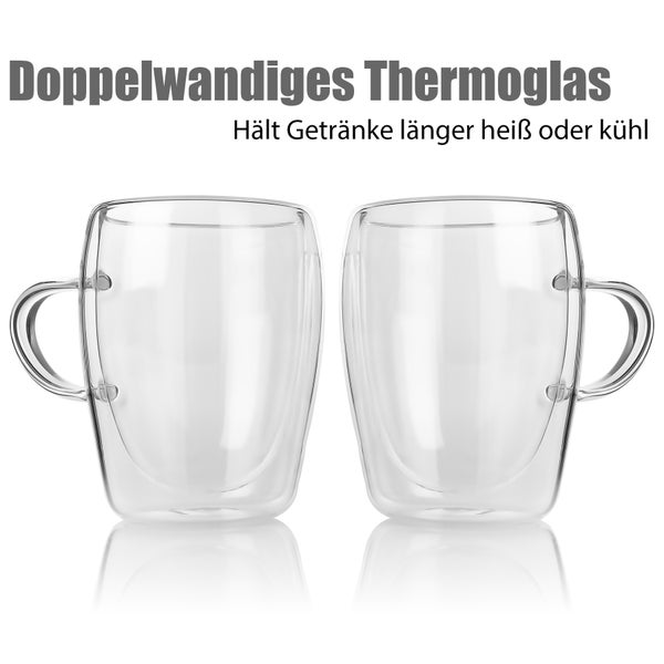Zwei doppelwandige Thermogläser mit Henkel für Heißgetränke und Kaltgetränke.