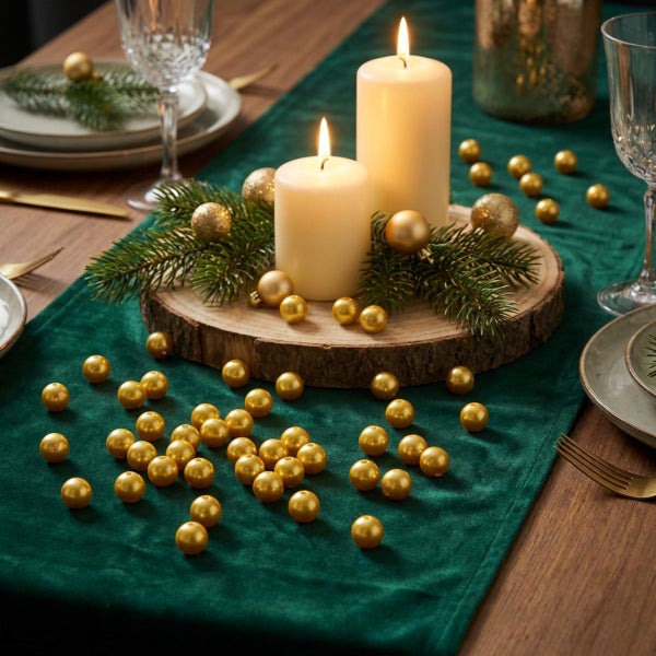 Festlich gedeckter Tisch mit Stumpenkerzen auf Holzscheibe, dekoriert mit Tannenzweigen und goldenen Dekokugeln auf einem samtigen Tischläufer.