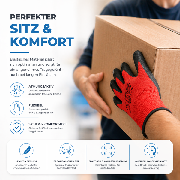 Arbeitshandschuh beim Halten eines Kartons, mit Symbolen für Atmungsaktivität, Flexibilität, ergonomische Passform und geringes Gewicht.