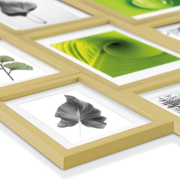 Set mit quadratischen Bilderrahmen in Holzoptik mit Wandkunst Motiven von Blättern und Pflanzen.