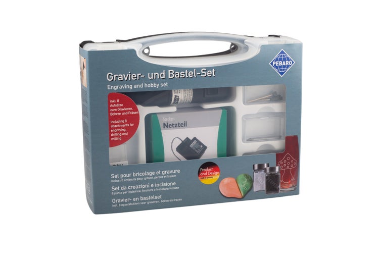 Pebaro Gravier- und Bastel-Set mit acht Aufsätzen zum Gravieren, Bohren und Fräsen, inklusive Netzteil im Aufbewahrungskoffer.