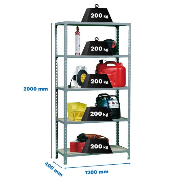 PROREGAL Schwerlastregal Big Muli HxBxT 200 x 120 x 40 cm 5 Fachböden Fachlast 200 kg Verzinkt