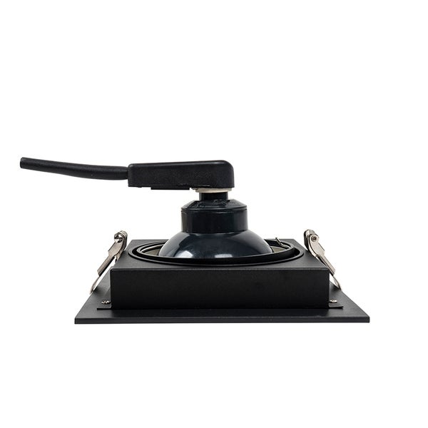 Einbaustrahler quadratisch schwarz, Seitenansicht mit Montagefedern und Kabelanschluss.