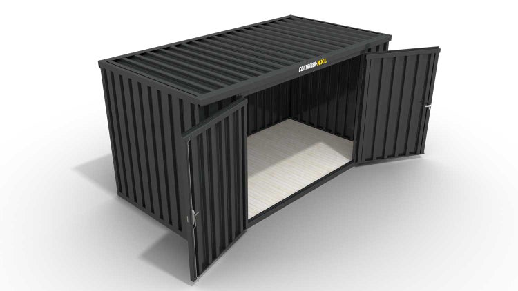 Lagercontainer Gerätehaus XXL  – 12 qm, H2150 x B6080 x T2170 mm, Außenwandlackierung anthrazit, Dach außen verzinkt, mit Holzfußboden, 2750 mm Doppelflügeltür mittig in Breitseite, montiert