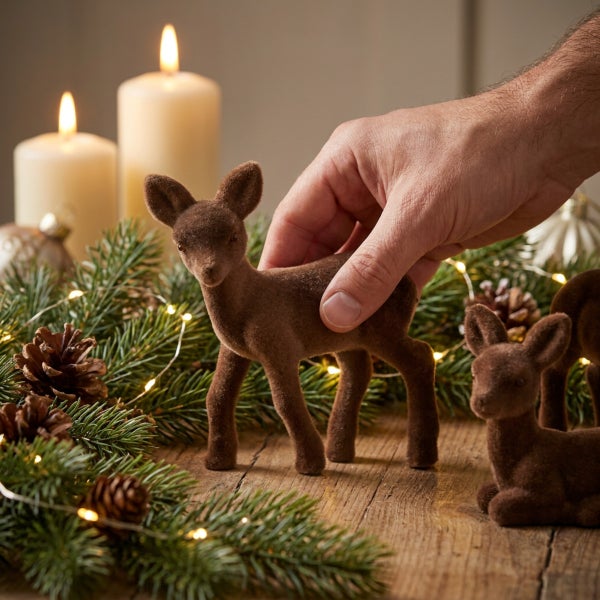 Hand platziert Rehfigur aus beflocktem Material auf einem Tisch mit Tannenzweigen, Zapfen und Kerzen zur weihnachtlichen Dekoration.