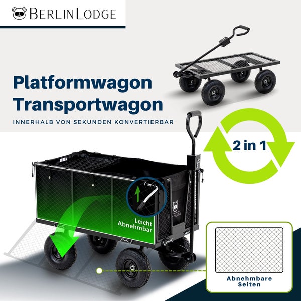 Berlin Lodge 2-in-1 Transportwagen und Plattformwagen mit abnehmbaren Gitterseitenwänden und stabilen Rädern.