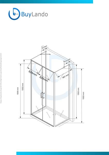 Technische Zeichnung einer Duschkabine mit Maßangaben.