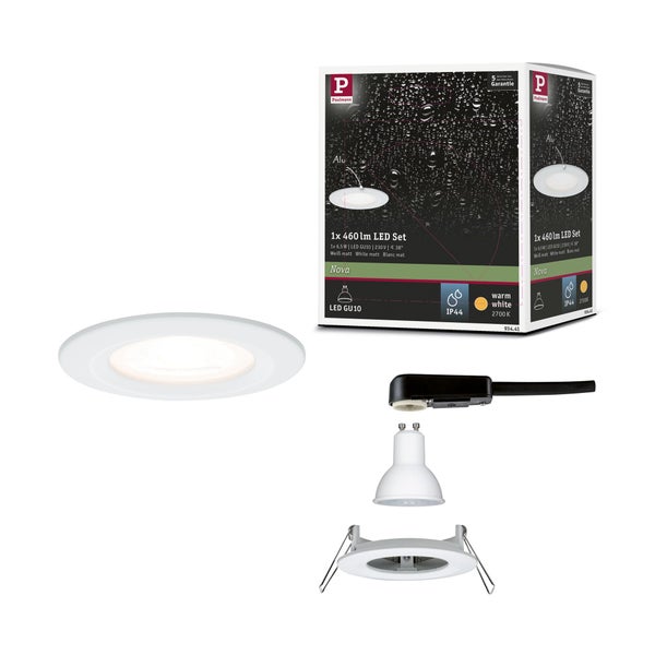 Paulmann LED Einbaustrahler Nova Set, 460 Lumen, 2700 Kelvin warmweiß, IP44 spritzwassergeschützt, 38 Grad, 5 Jahre Garantie und Paulmann Logo.
