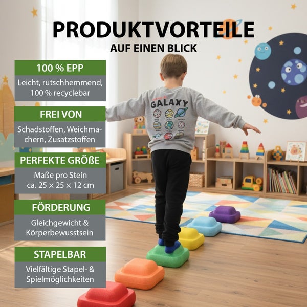 Ein Kind balanciert auf bunten Balanciersteinen im Kinderzimmer, die aus EPP-Material bestehen und die Balance fördern.