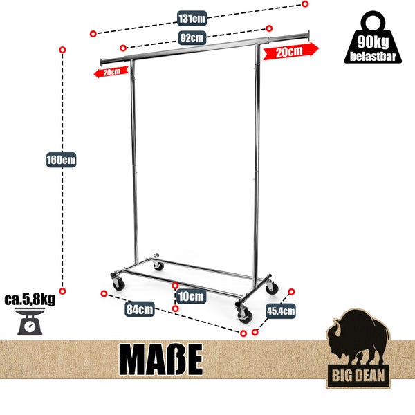 Kleiderständer mit Maßen und Traglastinformationen