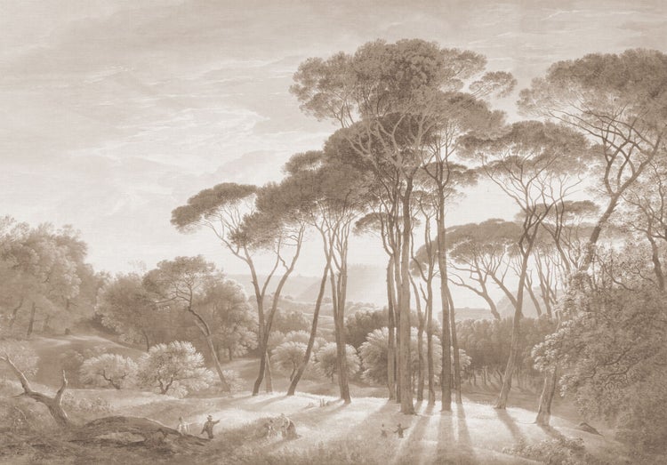 Klassische Vliestapete mit Landschaftsmotiv, hohen Pinien und kleinen Figuren in Sepia-Tönen.