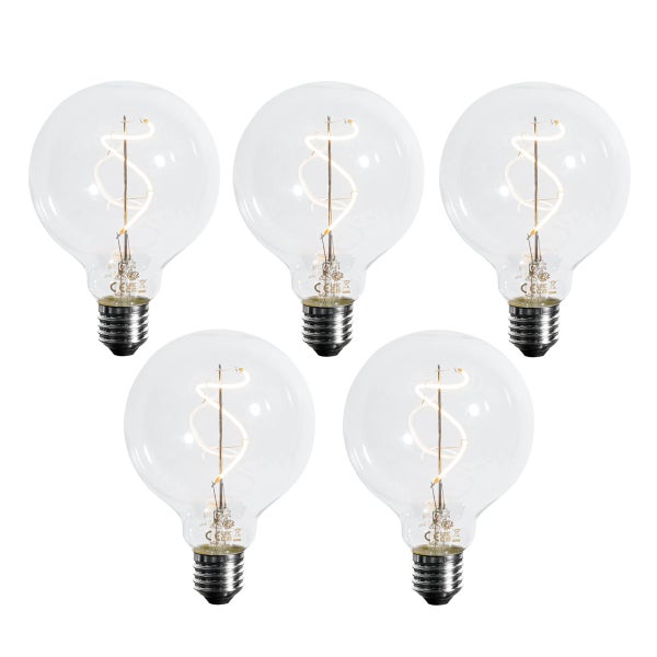 Fünf klare LED-Filament-Leuchtmittel in Globe-Form mit spiralförmigem Leuchtdraht und E27-Fassung.