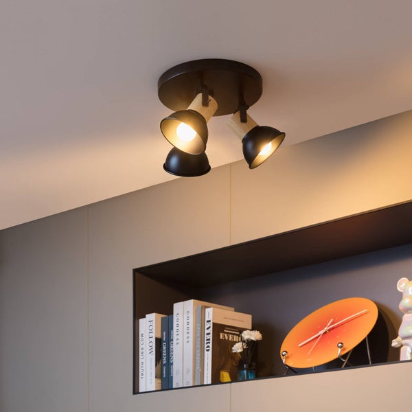 Deckenleuchte mit drei Strahlern aus Metall und Holz