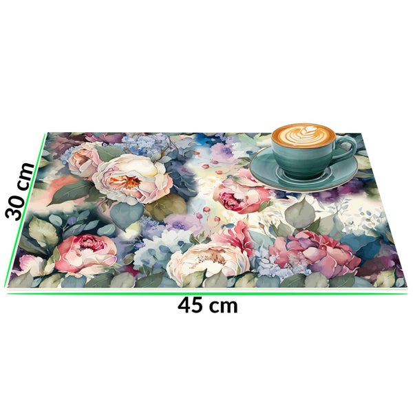 Tischset mit buntem Blumenmuster aus Rosen und Pfingstrosen, Abmessungen 30 Zentimeter mal 45 Zentimeter.