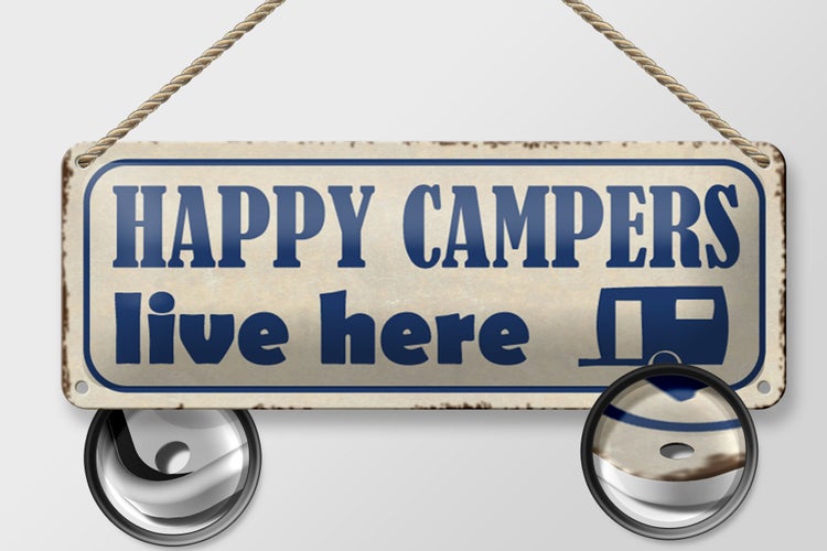Blechschild Spruch 27x10cm happy campers live here Camping Dekoration
