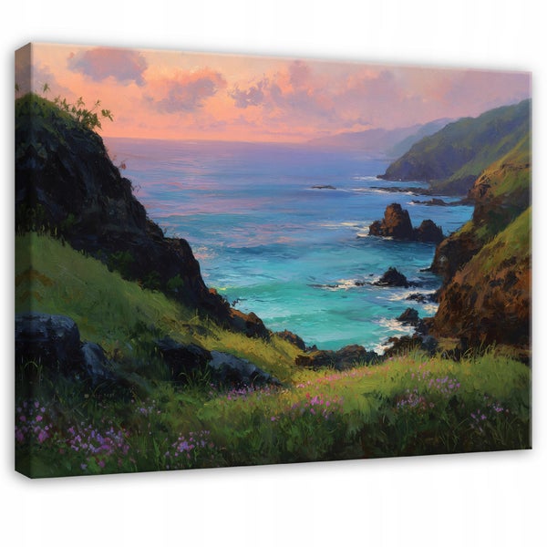 Leinwandbild mit einer Landschaftsmalerei einer zerklüfteten Küste und des Ozeans bei Sonnenuntergang.