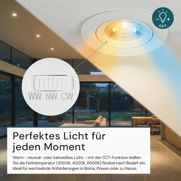 Deckeneinbaustrahler mit einstellbarer Farbtemperatur und Schalter für warmweißes, neutralweißes und kaltweißes Licht