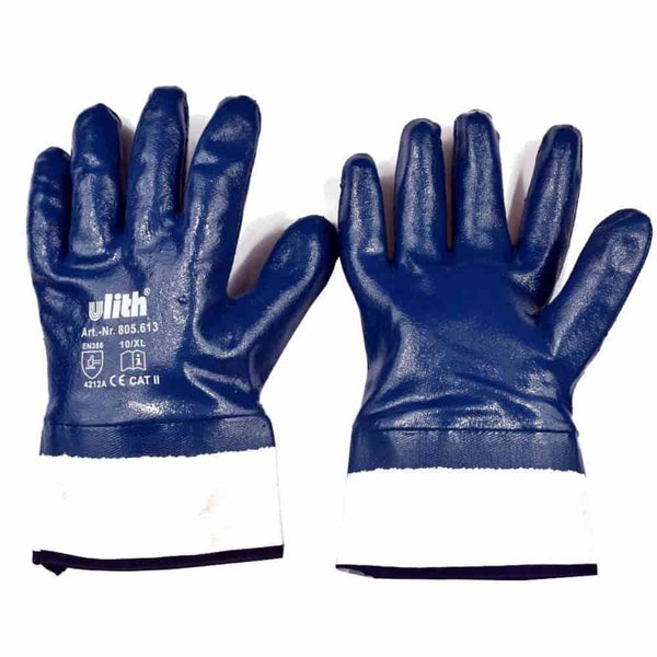 Ulith Arbeitshandschuhe, blau beschichtet, weiße Stulpe, Größe 10 Extra Large, Schutz nach Europäischer Norm 388, Kategorie zwei, Ulith Logo.